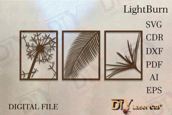Triptych with Palm Trees and Dandelion: A Vector Design for Laser Cutting